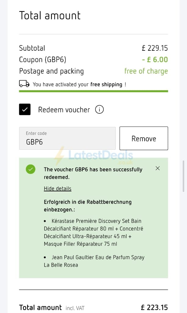 Screenshot of the Parfumdreams discount code working