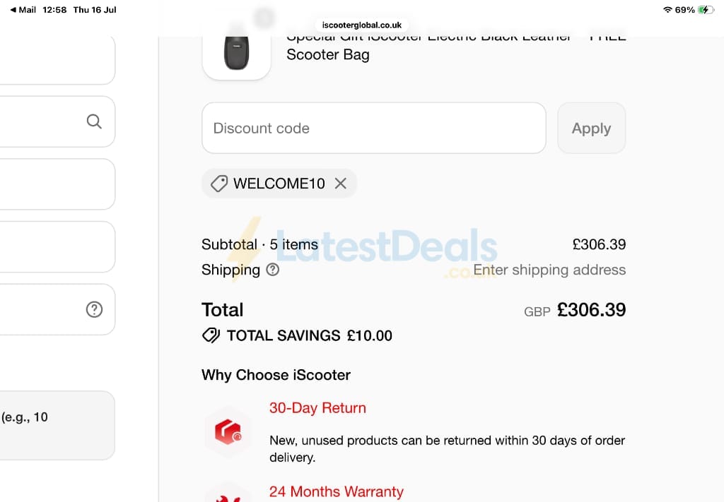 Screenshot of the iScooter discount code working