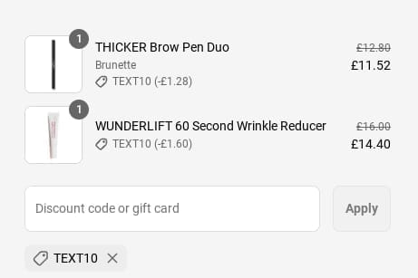 Screenshot of the Wunderbrow discount code working
