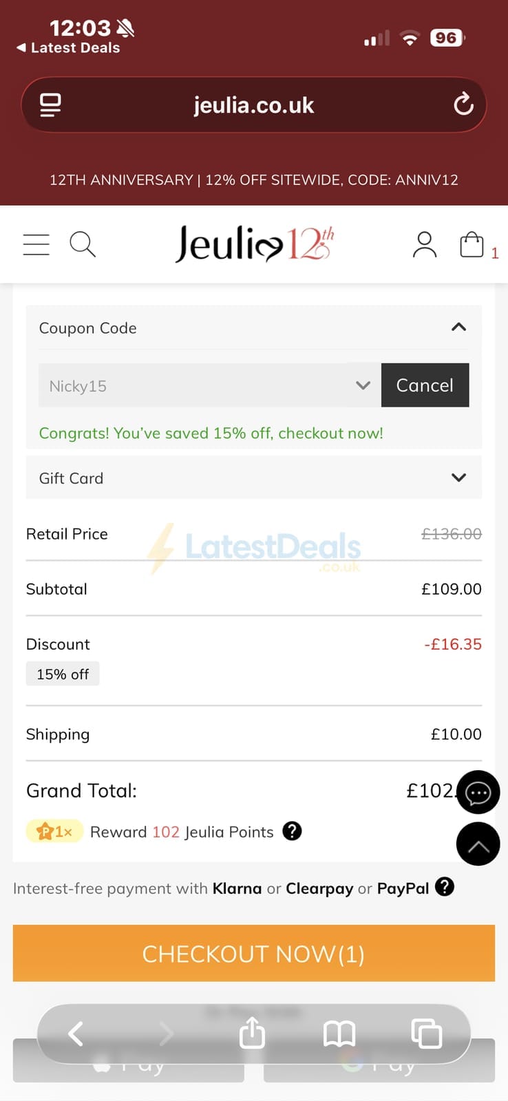 Screenshot of the Jeulia discount code working