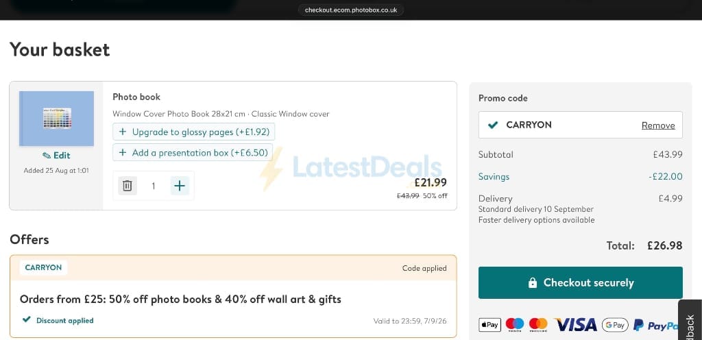 Screenshot of the Photobox discount code working