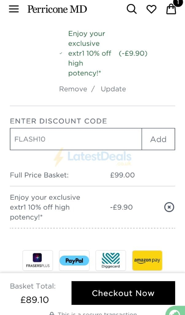 Screenshot of the Perricone MD discount code working