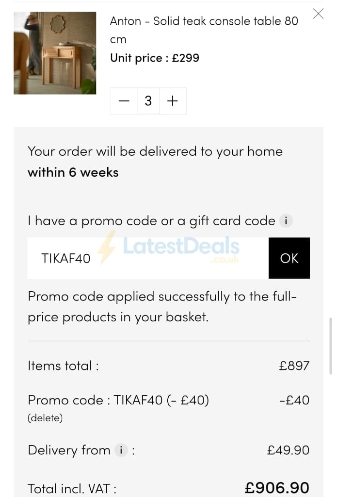 Screenshot of the Tikamoon discount code working