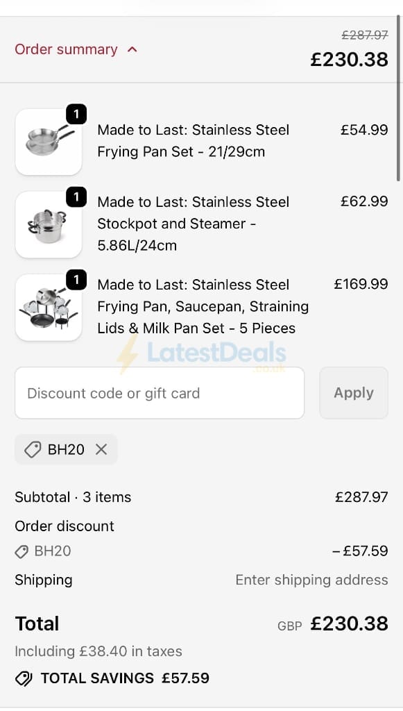 Screenshot of the Prestige discount code working