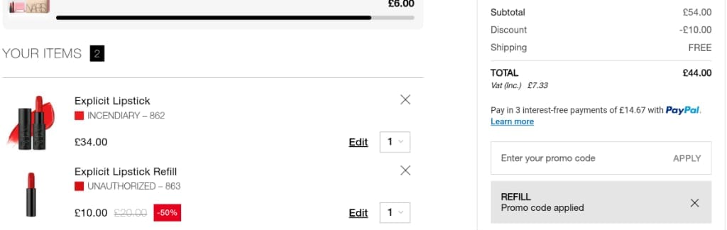 Screenshot of the NARS Cosmetics discount code working