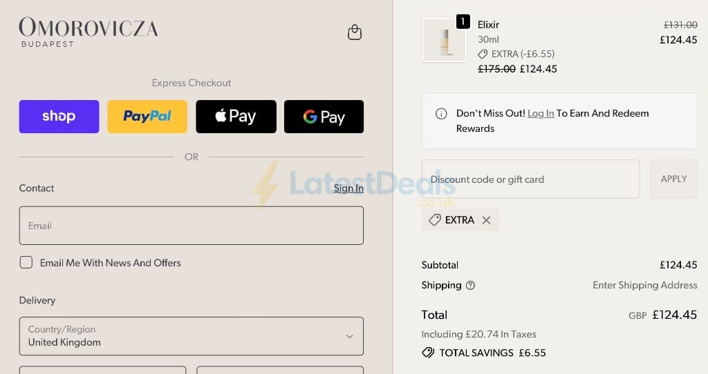 Screenshot of the Omorovicza discount code working