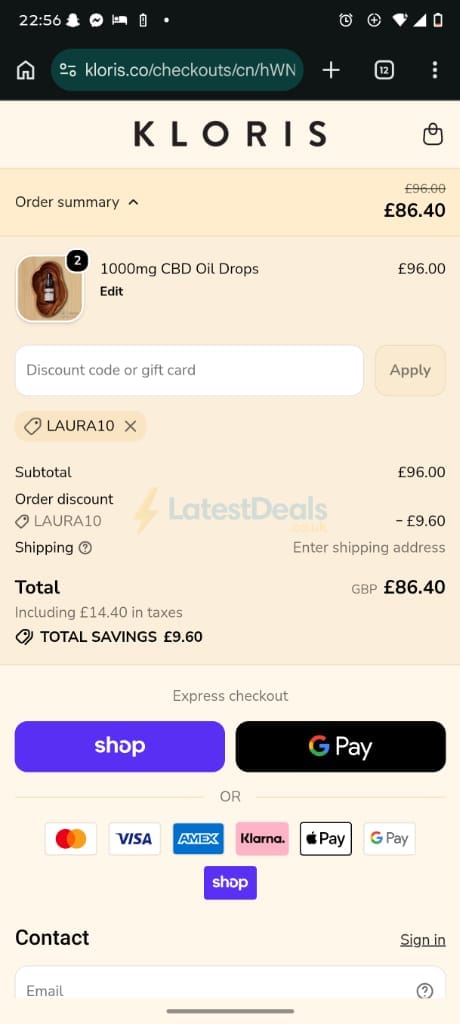 Screenshot of the Kloris discount code working