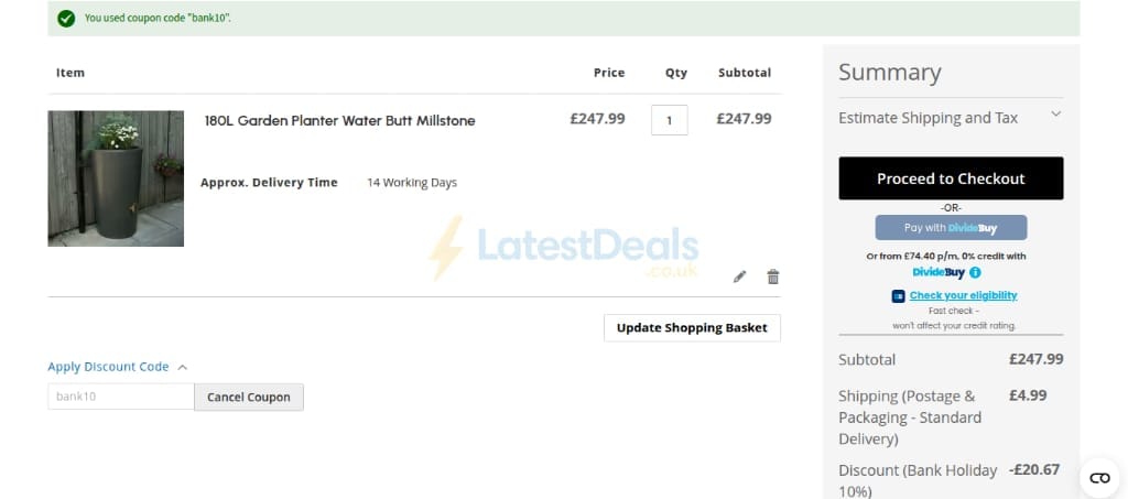 Screenshot of the Water Butts Direct discount code working