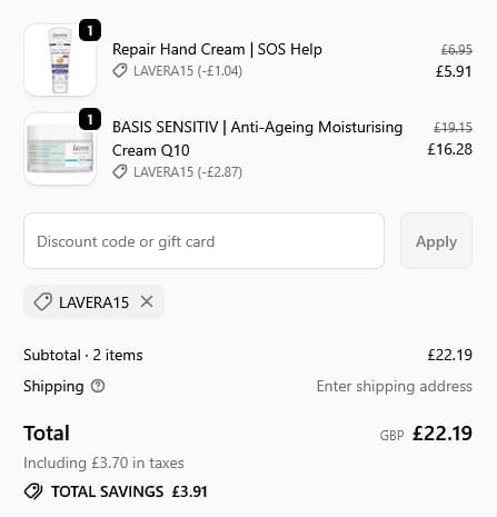 Screenshot of the MYPURE discount code working