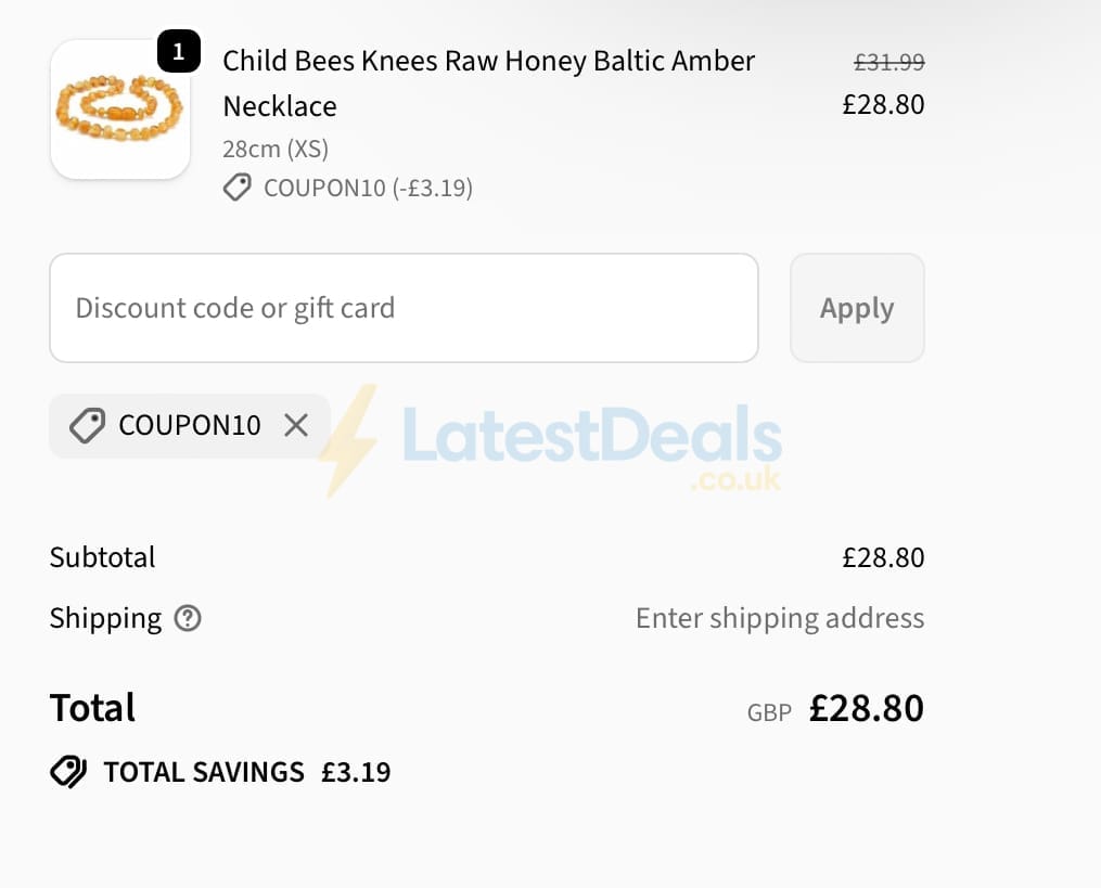 Screenshot of the Love Amber X discount code working