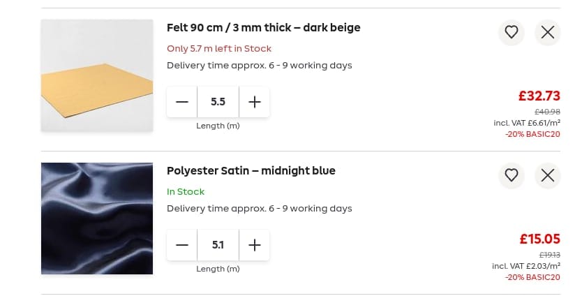 Screenshot of the My Fabrics discount code working