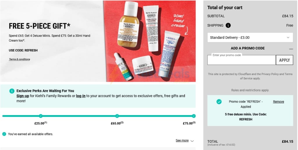 Screenshot of the Kiehl's discount code working