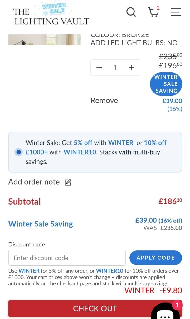 Screenshot of the The Lighting Vault discount code working