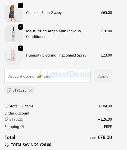 Screenshot of the KITSCH discount code working