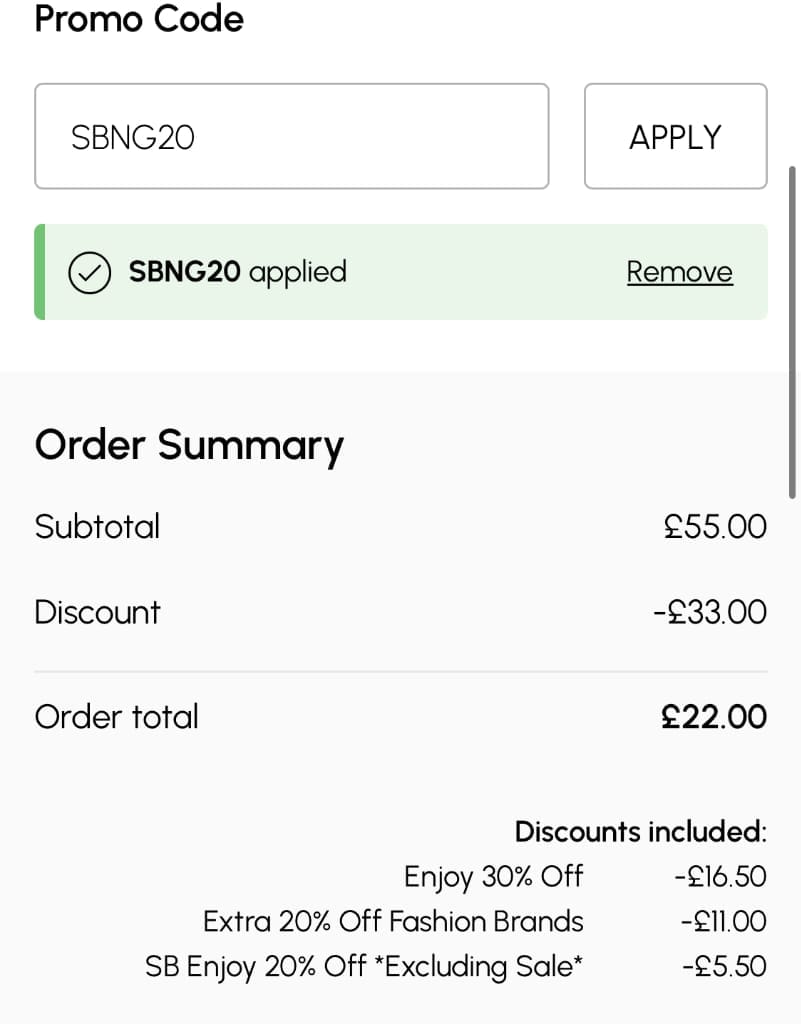 Screenshot of the Wallis discount code working