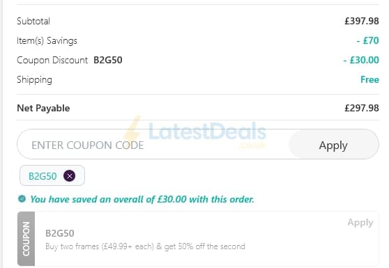 Screenshot of the Specscart discount code working