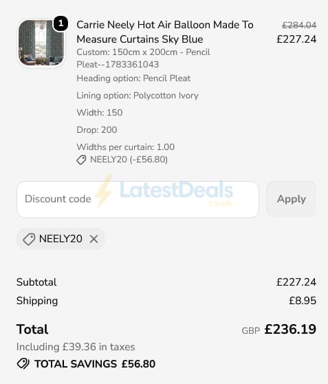 Screenshot of the Terry's Fabrics discount code working