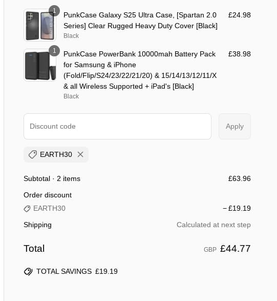 Screenshot of the Punkcases discount code working