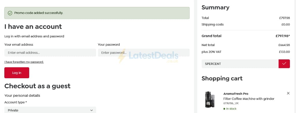 Screenshot of the Melitta UK discount code working