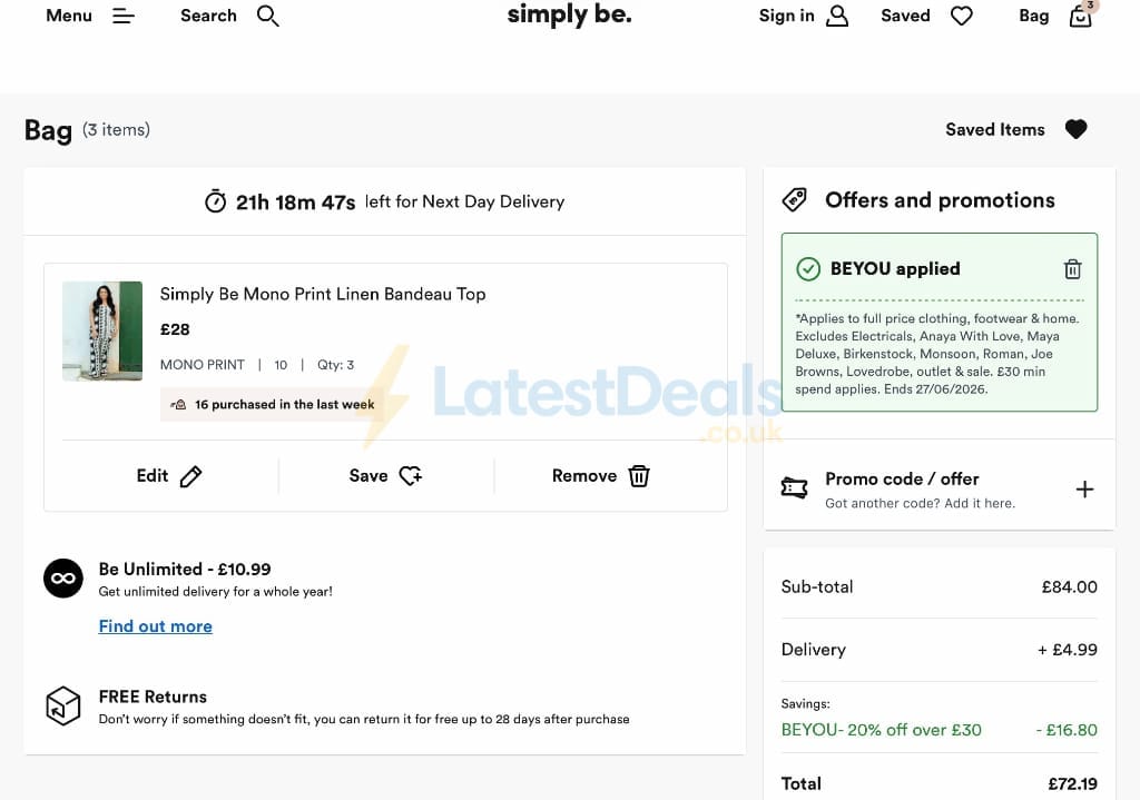 Screenshot of the Simply Be discount code working