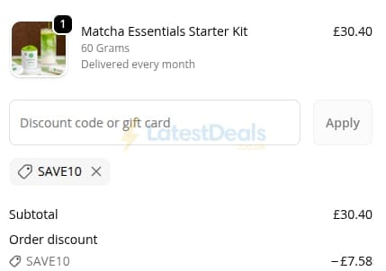 Screenshot of the Tenzo Tea discount code working