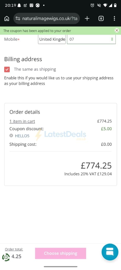 Screenshot of the Natural Image Wigs discount code working
