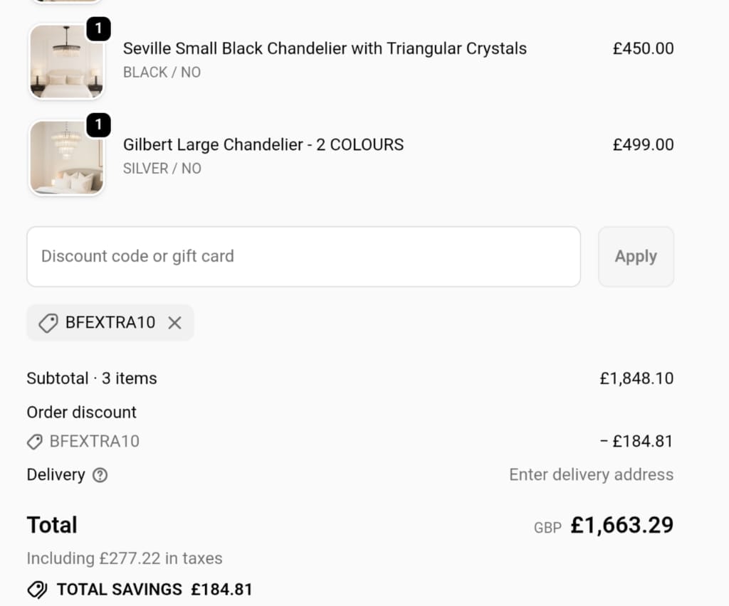Screenshot of the The Lighting Vault discount code working