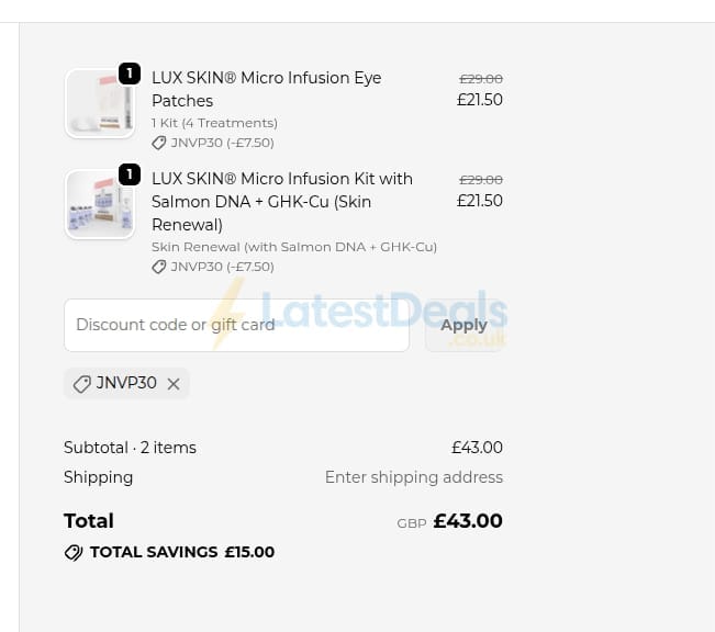 Screenshot of the Lux Skin discount code working