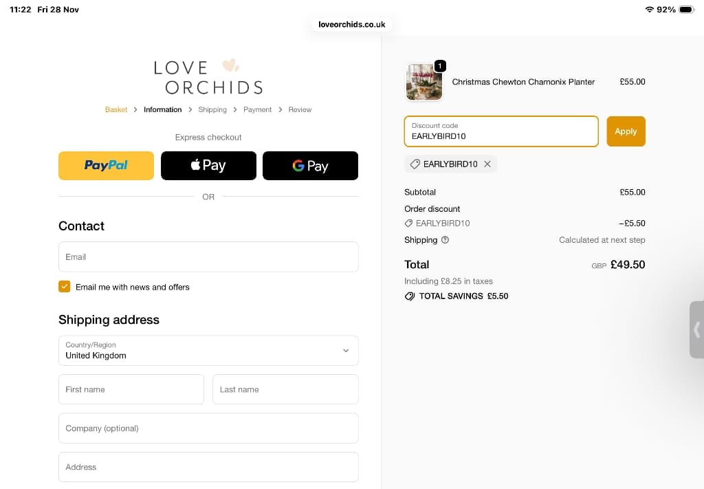 Screenshot of the Love Orchids discount code working