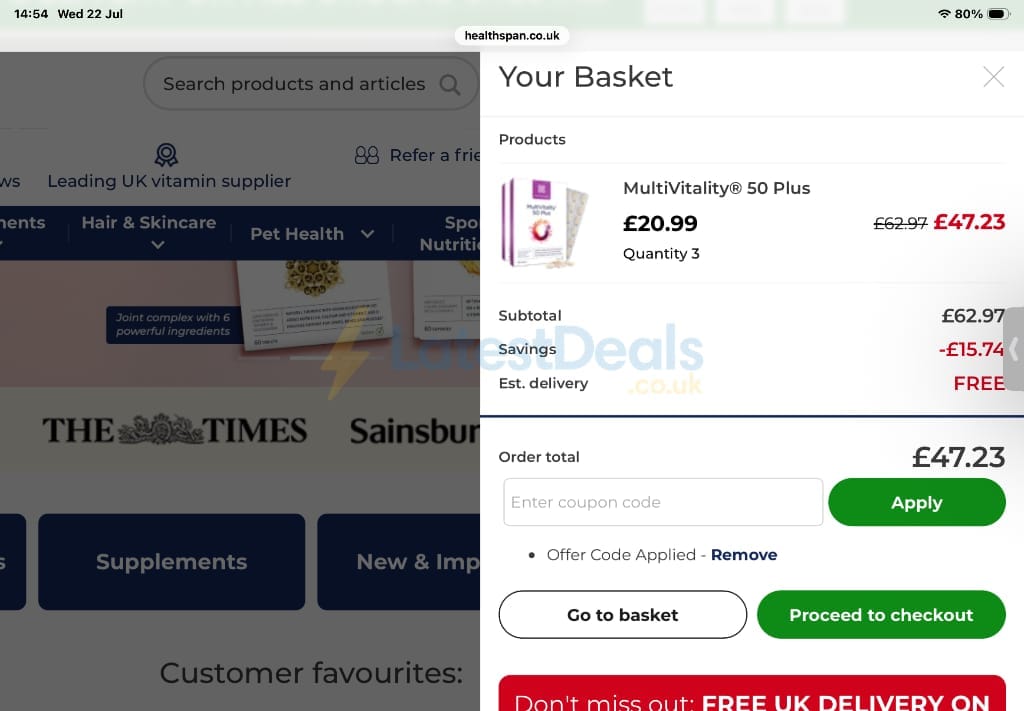 Screenshot of the Healthspan discount code working