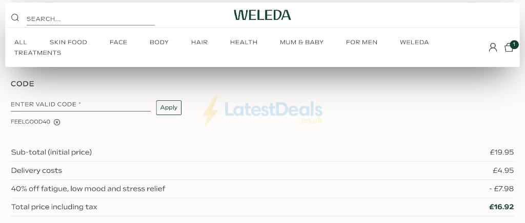 Screenshot of the Weleda discount code working