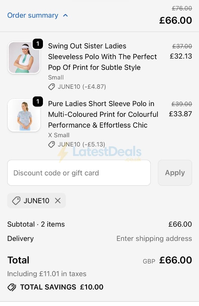 Screenshot of the Golf Garb discount code working