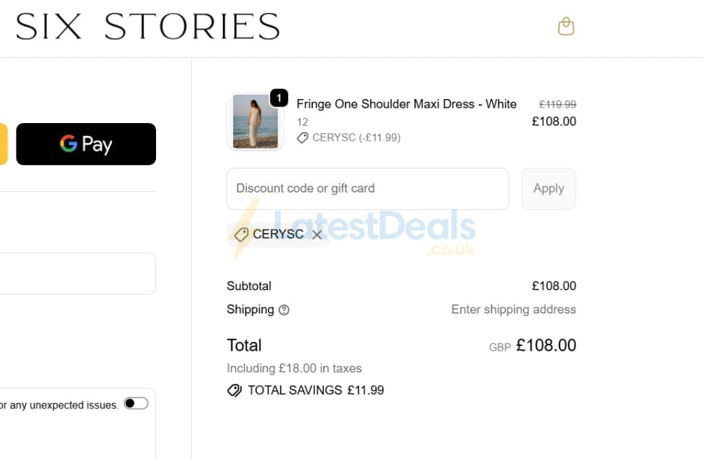 Screenshot of the Six Stories discount code working
