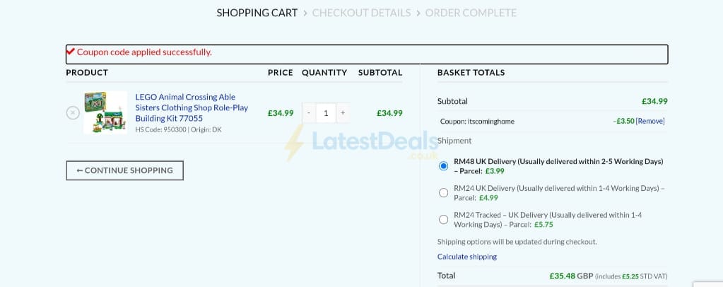 Screenshot of the The Minifigure Store discount code working