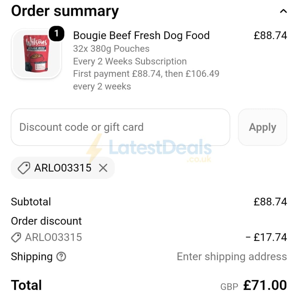 Screenshot of the Wilsons Pet Food discount code working