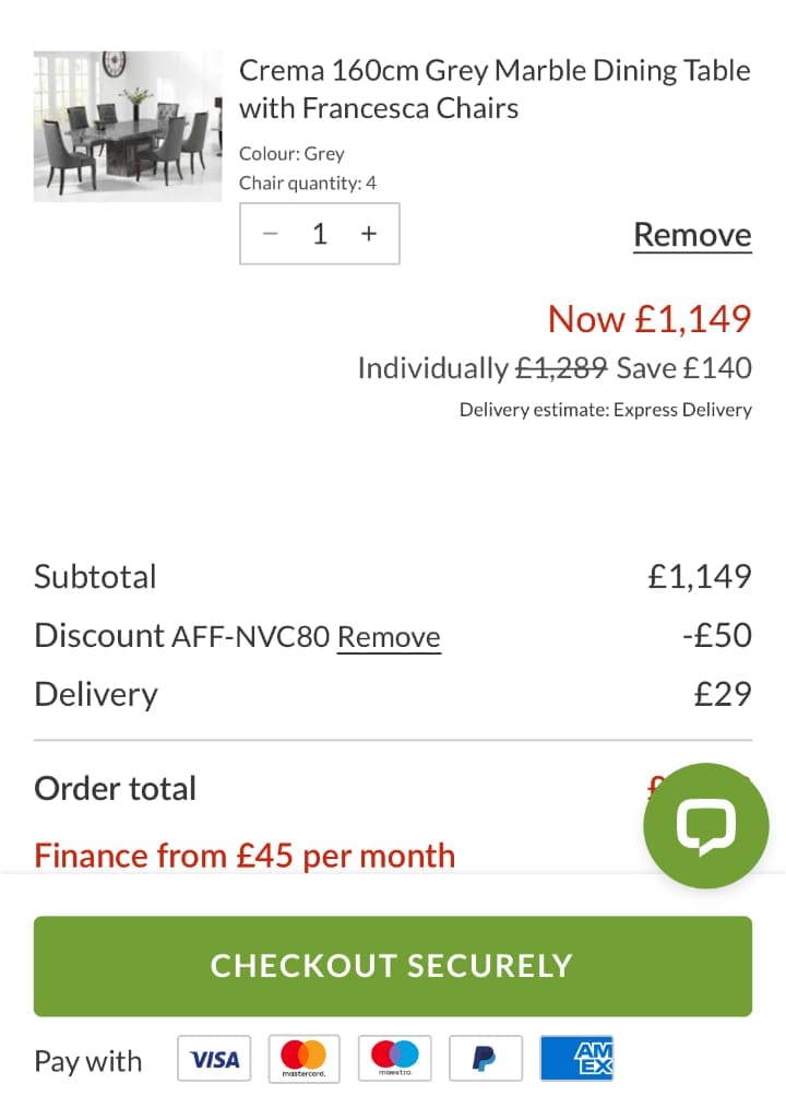 Screenshot of the Oak Furniture Superstore discount code working