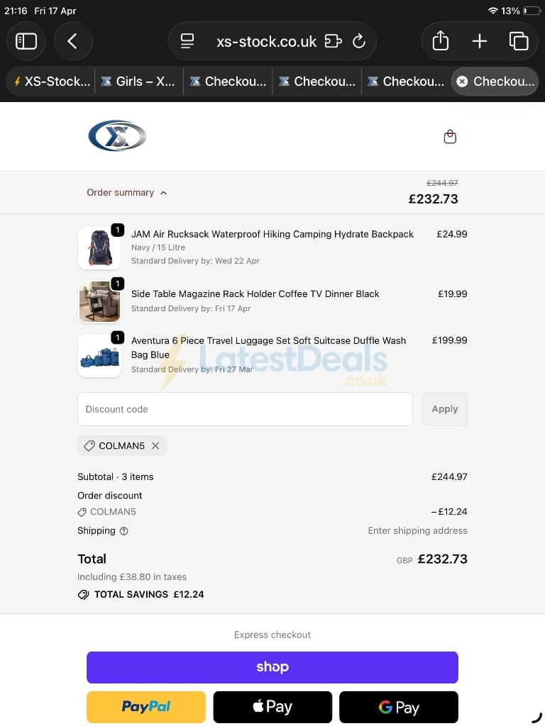 Screenshot of the XS-Stock discount code working