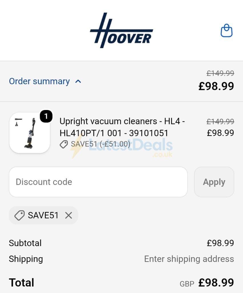 Screenshot of the Hoover discount code working