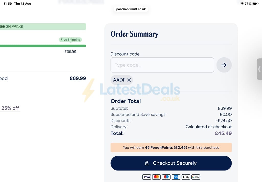 Screenshot of the Pooch & Mutt discount code working