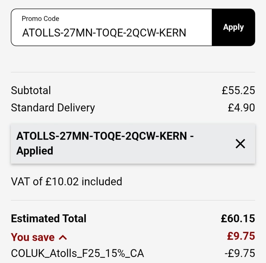Screenshot of the Columbia Sportswear discount code working