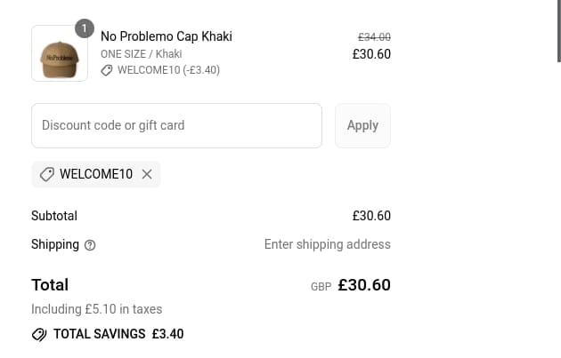 Screenshot of the Parasol Store discount code working