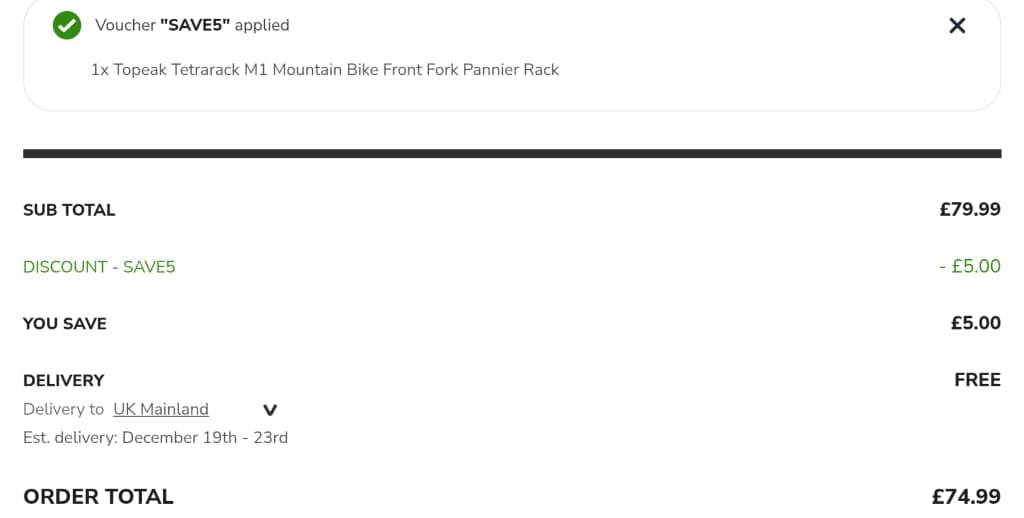 Screenshot of the Tredz Limited discount code working