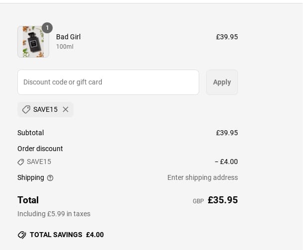 Screenshot of the The Fragrance World discount code working