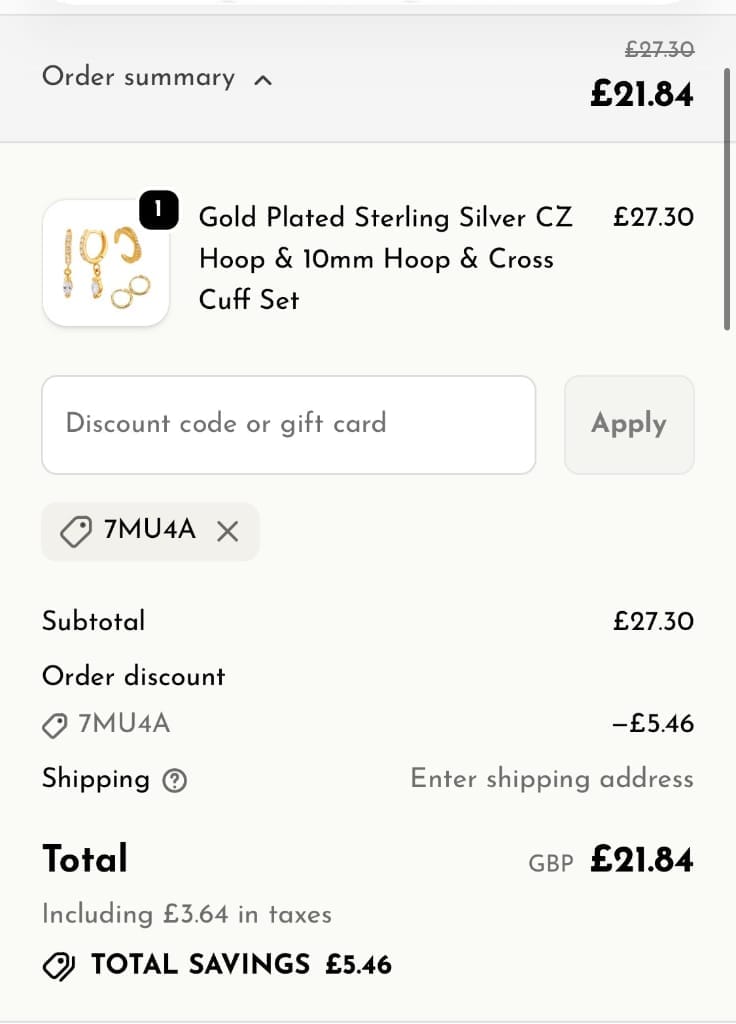 Screenshot of the Jewellery Box discount code working