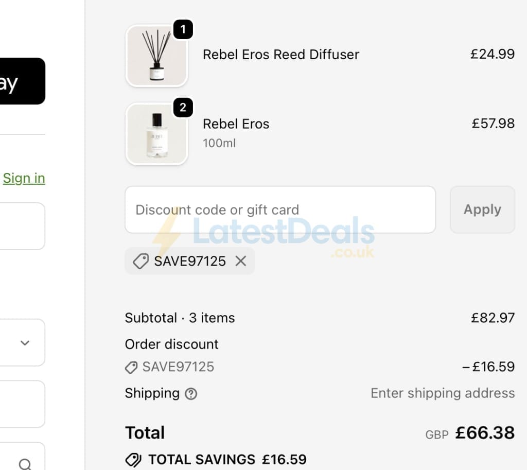 Screenshot of the Rebel Aromas discount code working