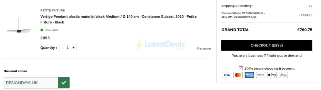 Screenshot of the Made in Design discount code working