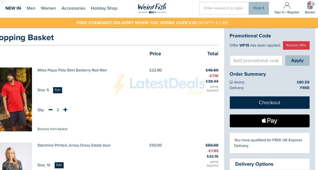 Screenshot of the Weird Fish discount code working