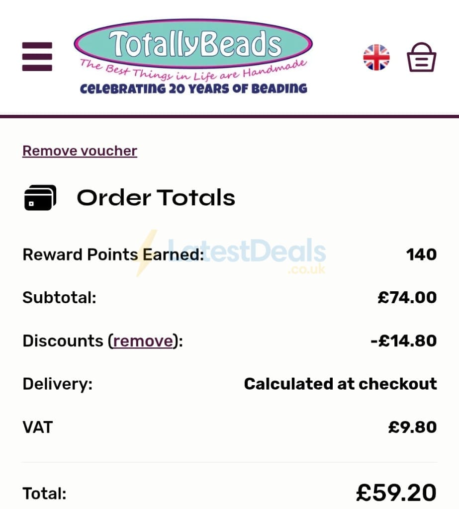 Screenshot of the Totally Beads discount code working