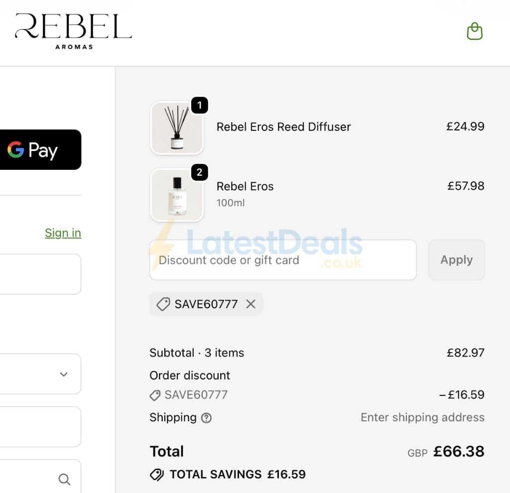 Screenshot of the Rebel Aromas discount code working