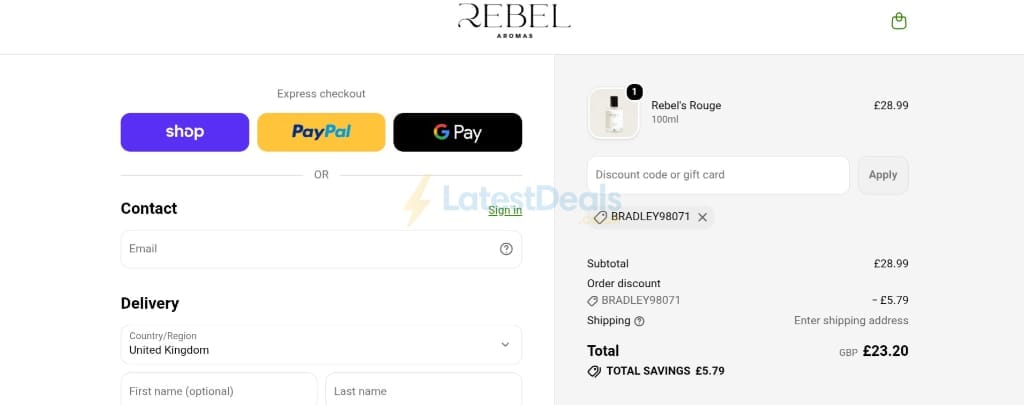 Screenshot of the Rebel Aromas discount code working